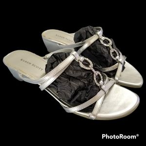 Karen Scott Metallic Sliver & Rhinestones Strappy Slide On Sandals Women's 7